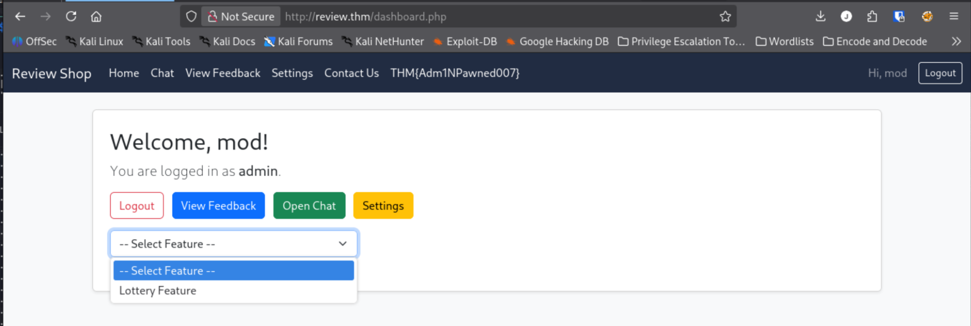 dashboard.php showing dropdown with lottery feature option